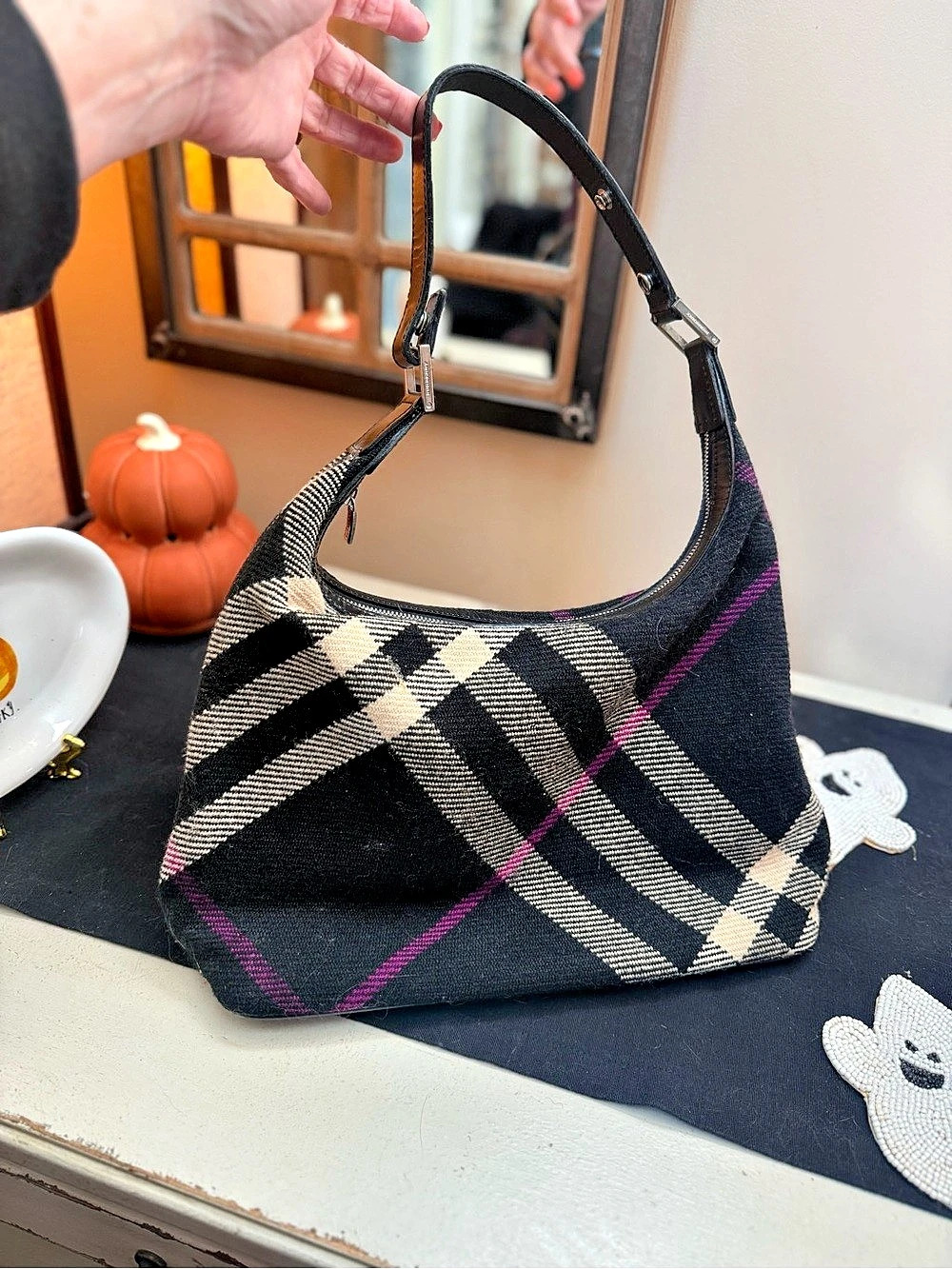 Burberry Vintage Check Wool Shoulder Bag Black & White